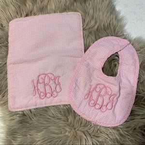 Monogrammed seersucker bib and burp cloth